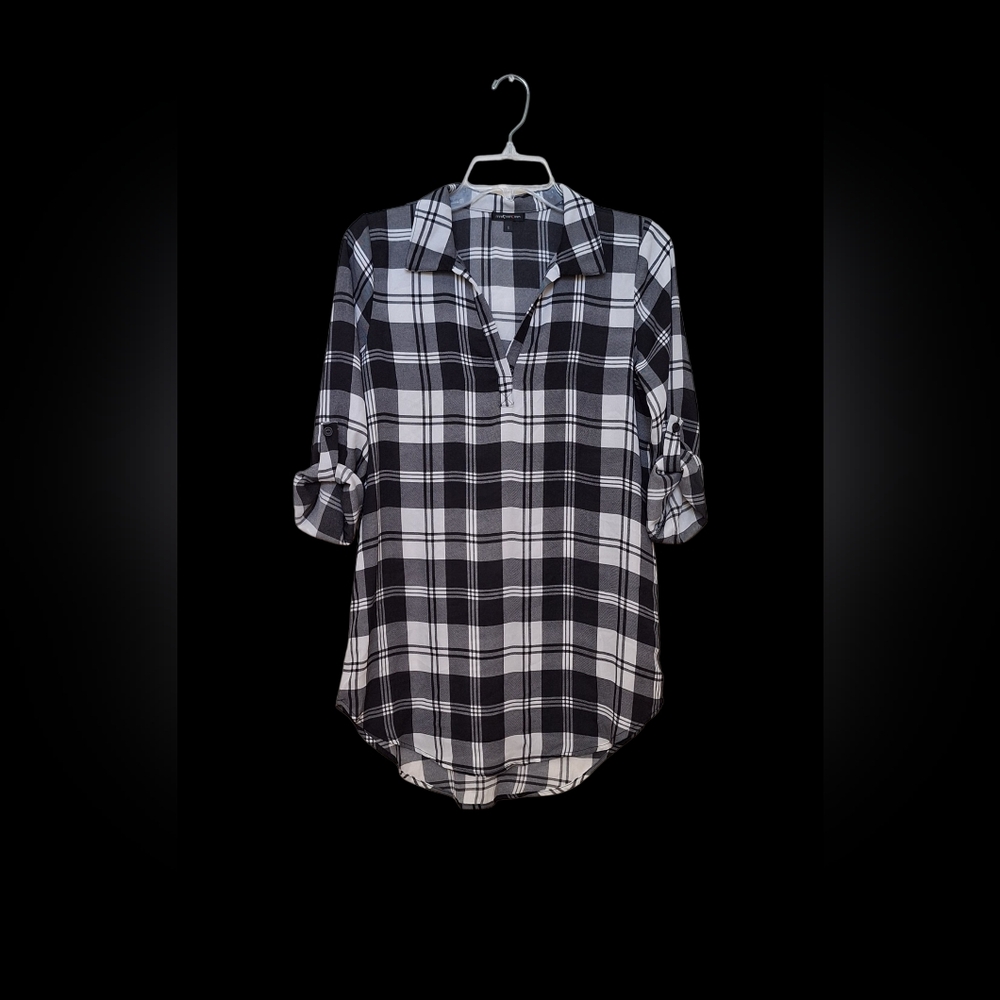 Vintage Plaid Tunic Top Johnny Collar Polo Checkered Black White Y2K Womens S